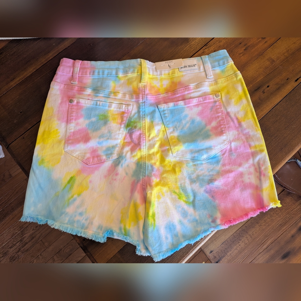 Judy Blue shorts womens large tie dye denim‎ raw hem cutoff high waist stretch - Picture 8 of 10